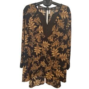 Catherines Black Gold Baroque Tunic Top 2X 22/24W Hi-Low Hem blouse